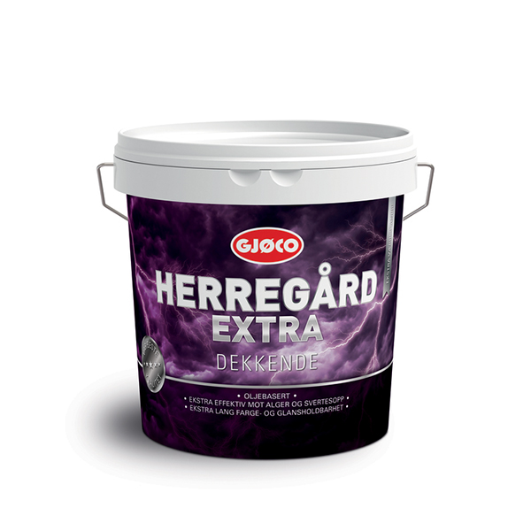 Gjøco Herregård Ekstra Træbeskyttelse - hvid 2 En hvid plastikmalingbøtte fra Gjoco, mærket "HERREGÅRD EXTRA DEKKENDE." På etiketten står også: "• Ekstra effektiv mot alger og svertesopp • Ekstra lang farge- og glansholdbarhet".