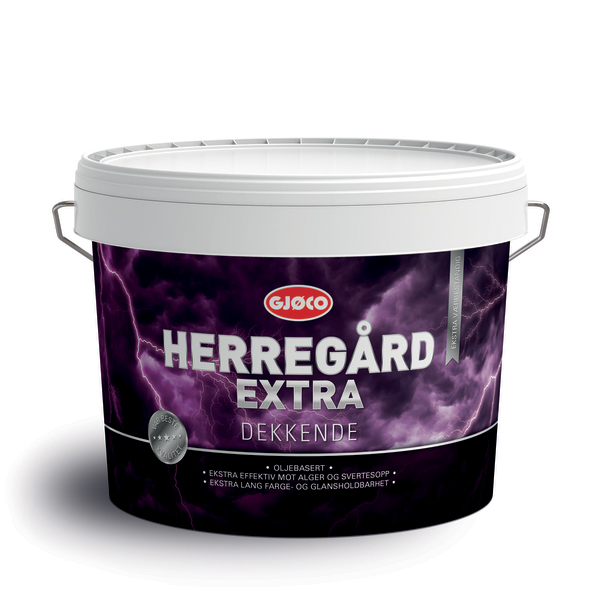 Gjøco Herregård Ekstra Træbeskyttelse - hvid 1 Spand med maling mærket "HERREGÅRD EXTRA". Malingsspanden er hvid med en lilla etiket, der indeholder produktinformation. Spanden står på en hvid baggrund.