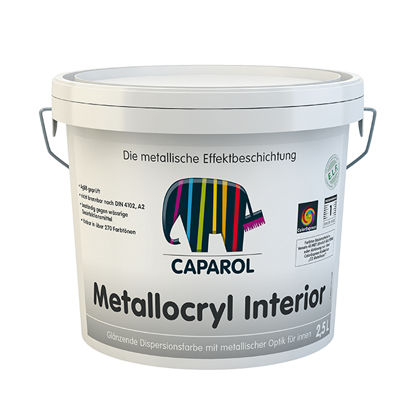 Caparol Metallocryl Sølv 1 L 1 En hvid spand med håndtag, mærket "CAPAROL" og "Metallocryl Interior". Spanden indeholder skinnende indendørs maling med metallisk effekt. Tekst: "Die metallische Effektbeschichtung" og "Glänzende Dispersionsfarbe mit metallischer Optik für innen".