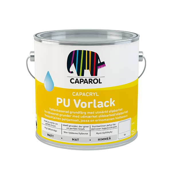 Caparol PU-Vorlack 2,5 L 1 En gul malerspand med teksten "Capacryl PU Vorlack" fra mærket Caparol, med et flerfarvet elefantlogo. Spanden står på en hvid baggrund.