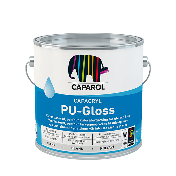 Capacryl PU-Gloss 1 En dåse CAPAROL Capacryl PU-Gloss med farverigt elefant-logo, stående med hanke. Teksten på dåsen siger: "Vandbaseret, perfekt farvegengivelse til ude og inde. Blank, 2,4 liter, kiiltävä."