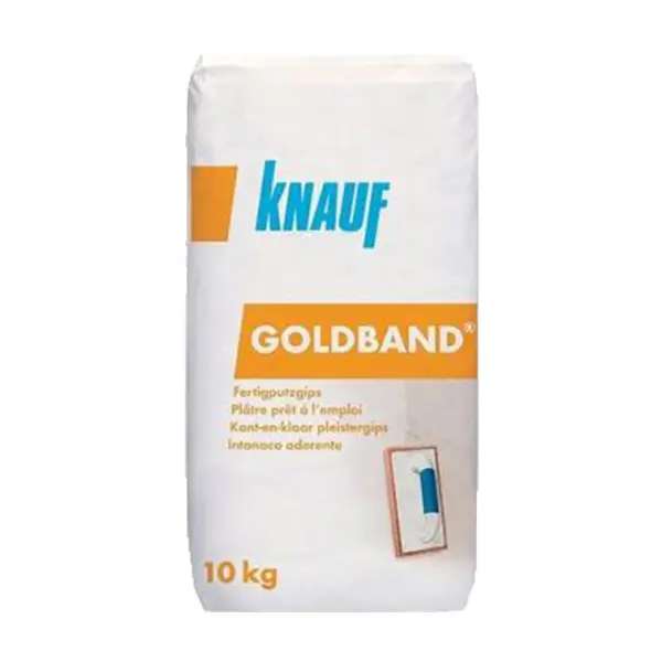 Knauf Goldband 10 Kg 1 En 10 kg pose af gips med mærket KNAUF Goldband, beregnet til færdigpudsning og beliggende mod en hvid baggrund.
