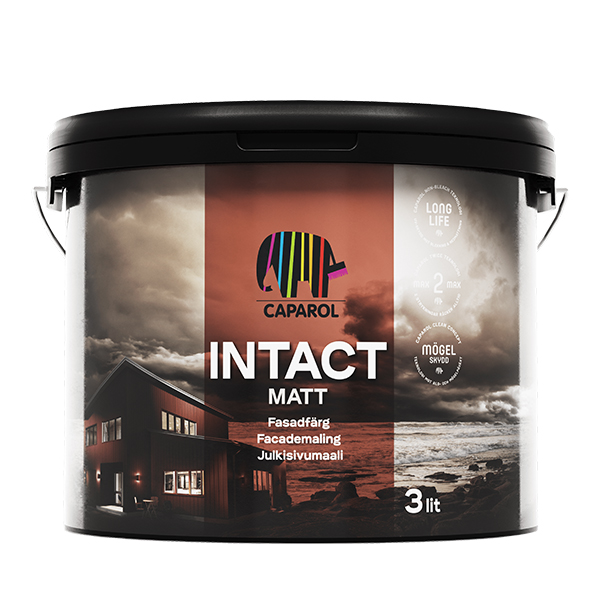 Caparol Fasadfärg Intact Matt 1 Sort maling spand med håndtag. Spanden er mærket "FLÜGGER INTACT MAT", og teksten beskriver den som nem at rengøre, ekstra vaskbar maling. Baggrund med malerisk udsigt.