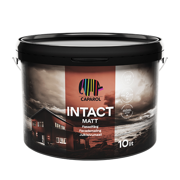 Caparol Fasadfärg Intact Matt 2 Spand med låg indeholder maling, udført med et billede af et hus ved en stormende kyst. Der står "CAPAROL INTACT MATT Facademaling". Kapacitet er 10 liter.