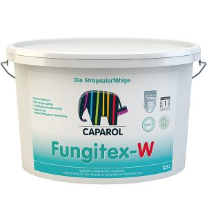 En hvid plastikspand med låg indeholder maling (Fungitex-W) fra Caparol. Spanden har et farverigt logo af en elefant og tekst på tysk om produktets egenskaber.