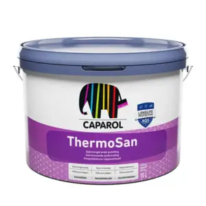 En hvid spand med et blåt låg står på en flad overflade. På spandens etikette står der "CAPAROL ThermoSan". Et farverigt elefantlogo er også tilstede.