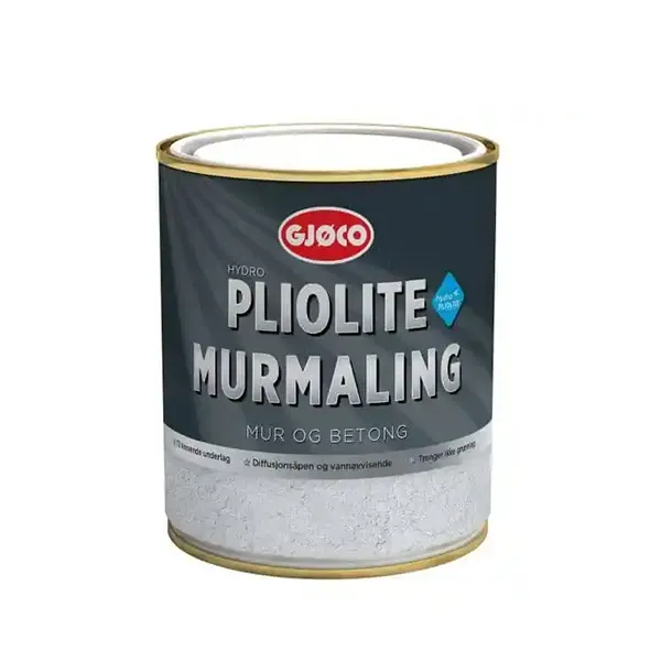 Gjøco Pliolite Facademaling 2 En dåse af maling står stille på en hvid baggrund. Dåsen er mærket "RUST-OLEUM Pliolite Murmaling" med mørkegrå og hvide farver.
