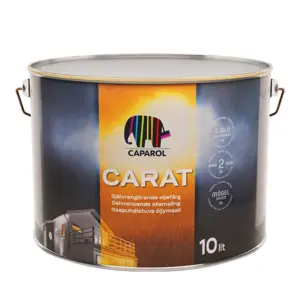 En metalskovl med et farverigt elefantlogo, der holder 10 liter. Den står på en hvid bg med teksten "Caparol Carat."