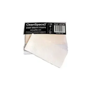 Hvidt filter pakket i en sort og hvid emballage med teksten "CleanSpace2 EVERY BREATH COUNTS www.paftec.com PAF-0036". Filtrets nummer og certificeringer er også tydeligt synlige.