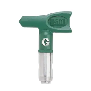 Grøn dyse med nummeret "310" præget på den ene side, bruges til sprøjtemaling. Den har et metallisk nederste stykke og et "G" logo på det grønne plastik.