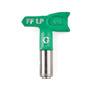 Den grønne dyse med teksten "FF LP 410" og et "G"-logo er designet til sprøjtepistoler og ligger på en hvid baggrund.