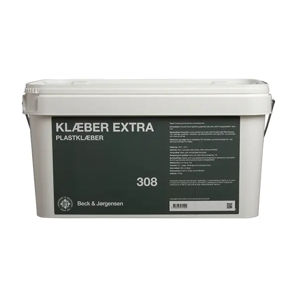B&J 308 Klæber Extra 12 L 1 Beholder med hvidt låg og mørkegrøn etiket. Tekst: "KLÆBER EXTRA PLASTIKKLÆBER 308 Beck & Jørgensen". Beholderen står på en hvid baggrund.
