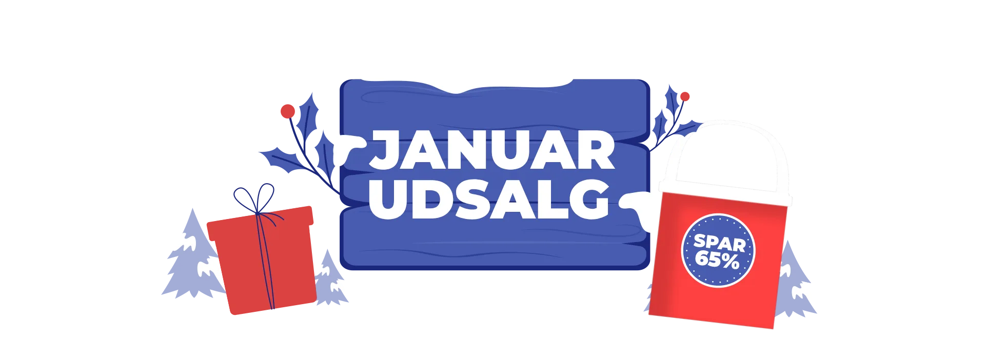 Januarudsalg 1 Reklameskilt med blå baggrund og teksten "JANUAR UDSALG"; omgivet af gaver og indkøbsposer, inklusive en rød taske med "SPAR 65%" mærkat, sat i en vinterlig kontekst med snedækkede detaljer.