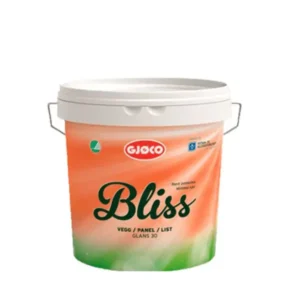 En malingbeholder med mærket "Gjøco" og produktnavnet "Bliss" påtrykt på etiketten. Den er designet til vægge, paneler og lister med glans 30. Beholderen står på en hvid baggrund.