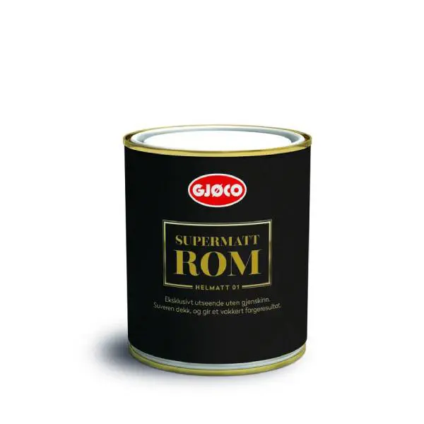 Gjøco Supermat Rum helmat glans 01 2 Dåse malingsmærket Hammerite med sort etiket står oprejst på en hvid baggrund. Teksten på etiketten siger: "HAMMERITE DIREKTE PÅ RUST RØM".